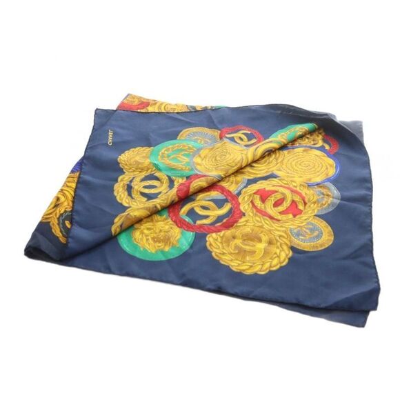 Chanel Large Scarf Shawl Silk Logo Coco Mark Chain All Over Multicolor - GY35 - Picture 5 of 7